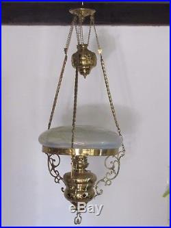 07d2 Ancien Suspension Lampe A Pétrole Verre Opalescent Loetz Kralik Art Nouveau