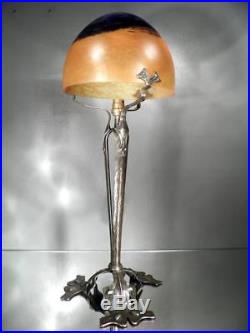 1900-10 Daum Nancy Et L. Majorelle Rare Grande Lampe En Fer Forgé Art Nouveau
