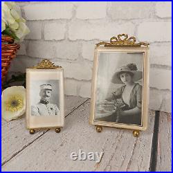 2x Cadre de photo vintage rectangulaire laiton & verre biseauté noud Art Nouveau