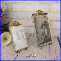 2x Cadre de photo vintage rectangulaire laiton & verre biseauté noud Art Nouveau