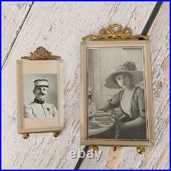 2x Cadre de photo vintage rectangulaire laiton & verre biseauté noud Art Nouveau