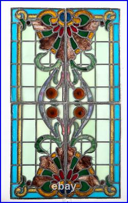 4 Vitraux Art Nouveau fin XIXem, verre de couleur sertis au plomb, 93cm x 53cm