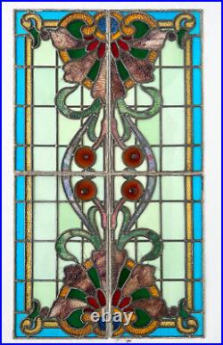 4 Vitraux Art Nouveau fin XIXem, verre de couleur sertis au plomb, 93cm x 53cm