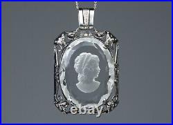 835 Argent Style Ancien Art Nouveau Pendentif Intaille Sur Verre Grand