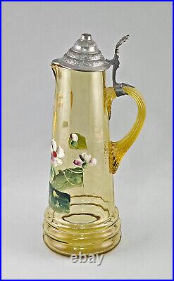 9335020 Art Nouveau Verre Cruche Um 1900 Floral Peinture-émail Couvercle Étain H