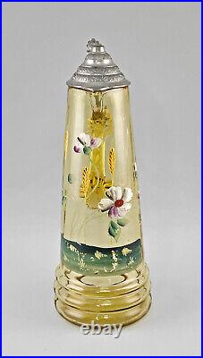 9335020 Art Nouveau Verre Cruche Um 1900 Floral Peinture-émail Couvercle Étain H