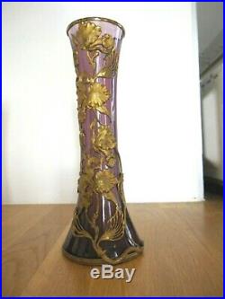 A voir Belle paire Vases Verre Art Nouveau Monture Laiton Doré Style Majorelle