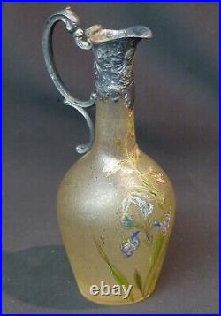 AA art nouveau superbe aiguière flacon pâte verre émaillé iris monture étain 21c