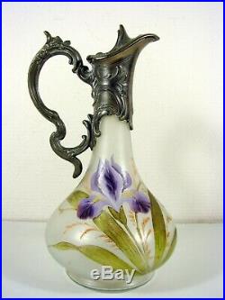 Aiguière Art Nouveau Legras en verre givré à décor émaillé de Iris H-29 cm TBE