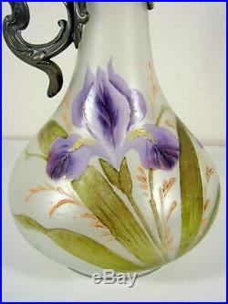 Aiguière Art Nouveau Legras en verre givré à décor émaillé de Iris H-29 cm TBE