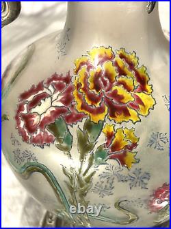 Aiguière, verre givré et émaillé, étain ou régule, décor floral, H 31 cm