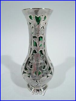 Alvin Vase G3215/3 Ancien Art Nouveau Américain Vert Verre Argent