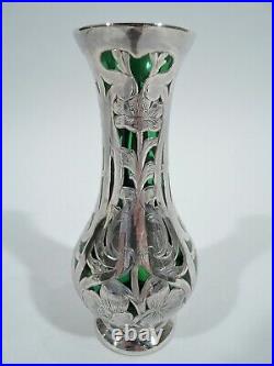 Alvin Vase G3215/3 Ancien Art Nouveau Américain Vert Verre Argent