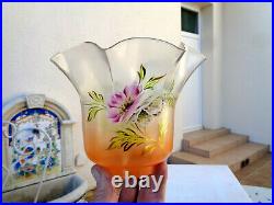 Ancien Grande Tulipe Globe Lampe à Pétrole Lamp Shade Floral Emaillé Legras