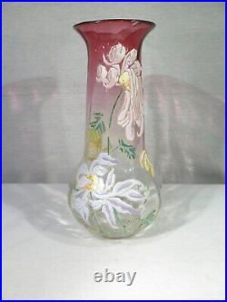 Ancien Joli Vase En Verre Emaille Art Nouveau 1900 Decor Fleurs En Relief