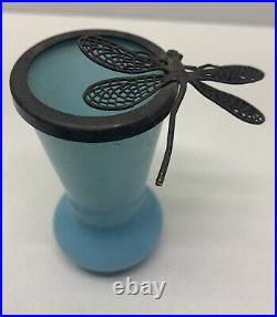 Ancien Petit Vase Opaline Bleu cerclage Métal libellule Art Nouveau / Art Déco