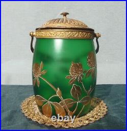 Ancien Pot A Biscuit Epoque Art Nouveau Decor Or De Trefles Sur Fond Vert