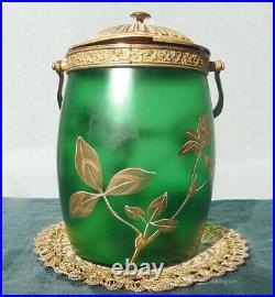 Ancien Pot A Biscuit Epoque Art Nouveau Decor Or De Trefles Sur Fond Vert