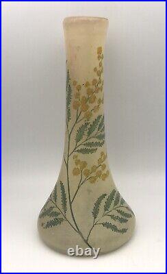 Ancien VASE Soliflore En Verre Soufflé, Décor Floral Période Art Nouveau -18,5cm