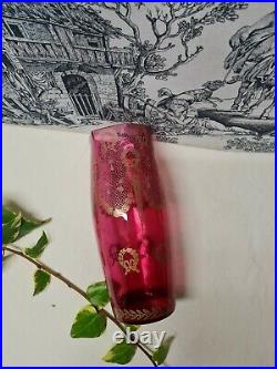 Ancien Vase Art Nouveau En Verre Rose Rouge Decor D'abeille Dore Style Legras