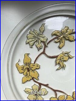 Ancien plateau plat verre émaillée Art Nouveau floral signé Chaf école Nancy