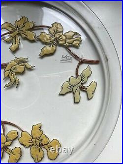 Ancien plateau plat verre émaillée Art Nouveau floral signé Chaf école Nancy
