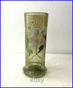 Ancien vase rouleau en verre émaillé MONTJOYE LEGRAS 26 cm Art Nouveau Nancy