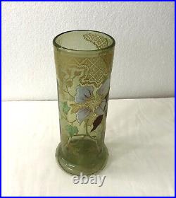 Ancien vase rouleau en verre émaillé MONTJOYE LEGRAS 26 cm Art Nouveau Nancy