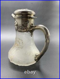 Ancienne Aiguière Daum Verre Decor A L' Acide Monture Argent Minerve Art Nouveau