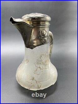 Ancienne Aiguière Daum Verre Decor A L' Acide Monture Argent Minerve Art Nouveau