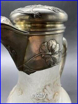 Ancienne Aiguière Daum Verre Decor A L' Acide Monture Argent Minerve Art Nouveau