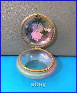 Ancienne boite ART NOUVEAU verre émaillé irisé Bonbonnière Chrysanthèmes Clichy