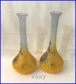Ancienne paire de grand vase en verre émaillé signé LEGRAS 36cm 1900 Art Nouveau