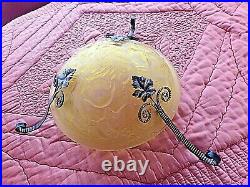 Ancienne vasque-lustre verre jaune orangé-suspension fleurs/motifs Art Nouveau