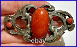 Art Nouveau Anglais TB Signé Corail Rouge Cab Verre Ceinture Boucle Filigrane