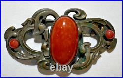 Art Nouveau Anglais TB Signé Corail Rouge Cab Verre Ceinture Boucle Filigrane