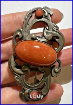 Art Nouveau Anglais TB Signé Corail Rouge Cab Verre Ceinture Boucle Filigrane