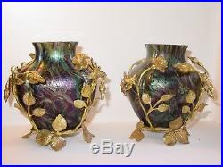 Art Nouveau Jugendstil Loetz Paire vases en verre irisé et bronze doré