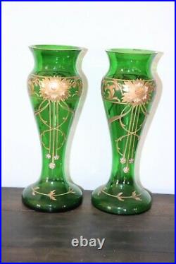 Art Nouveau, paire de vases en verre émaillé, dorure 28 cm