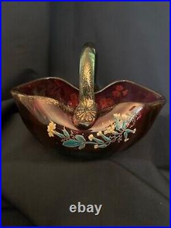 Art nouveau, panier en verre décor fleurs émaillées, dorure, numéroté, début XXe