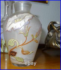 Art nouveau petit vase verre émaillé décor acanthe verre dépoli blanc laiteux