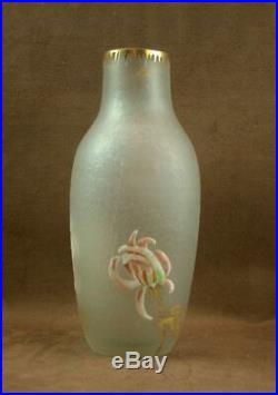 Beau Vase En Verre Givré A L'acide Et Émaillé Legras Montjoye Art Nouveau