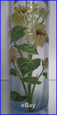 Beau grand vase rouleau verre émaillé 1900 LEGRAS Art Nouveau Tournesols 40 cm