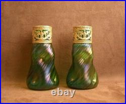 Belle Paire De Vases En Verre Irisé Art Nouveau Loetz Monture Laiton Doré