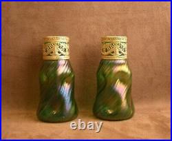 Belle Paire De Vases En Verre Irisé Art Nouveau Loetz Monture Laiton Doré