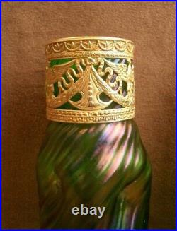 Belle Paire De Vases En Verre Irisé Art Nouveau Loetz Monture Laiton Doré