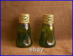 Belle Paire De Vases En Verre Irisé Art Nouveau Loetz Monture Laiton Doré