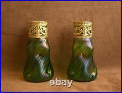 Belle Paire De Vases En Verre Irisé Art Nouveau Loetz Monture Laiton Doré