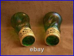 Belle Paire De Vases En Verre Irisé Art Nouveau Loetz Monture Laiton Doré