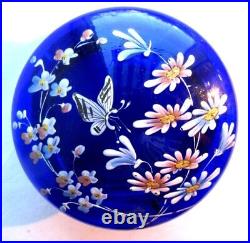 Bonbonnière, boite verre bleu Art Nouveau émaillée Legras Pâquerettes Papillon